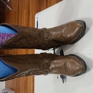 Laredo Girls? YOUTH Boots Brown Faux Leather Chain Medallion Accents Sz 5.5 GUC